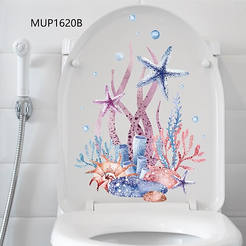 Aquarell-Toilettenaufkleber: Koralle, Seestern, Seegras, Qualle, Muschel – abnehmbare Wandaufkleber für Badezimmer und Haushalt, ideal, um Ihrem Raum eine Strandatmosphäre zu verleihen Image