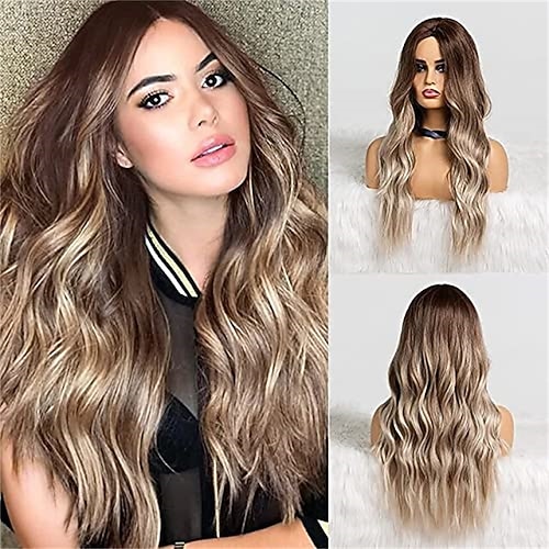 lange gewellte hellbraune Damenperücken Mittelscheitel Damenperücken 24 Zoll Damenperücken natürlich aussehende Synthetikperückenpelucas de cabello natur Image