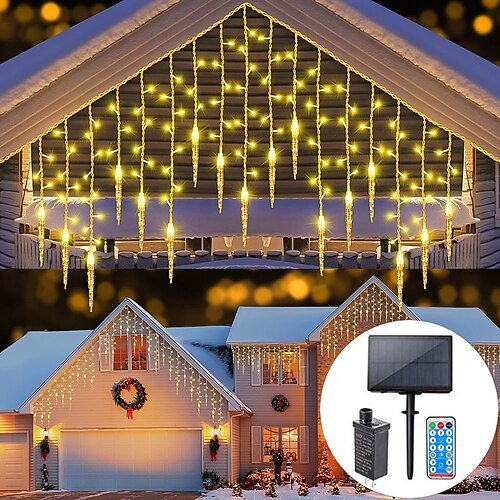Eiszapfen-Lichterkette Außen Solar und Stecker 8 Modi 5M 216 LED 3,5M 96 LED Fernbedienung 24V Plug-in Lichterkette LED Vorhang Feen-Lichterkette für Gartenparty Timing Dimmung Image