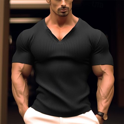 Herren T Shirt Muskelshirt Geripptes Strick-T-Shirt T-Shirt Kurze Ärmel V Ausschnitt Sommer Einfach Grubenstreifen Mode Designer Basic Knöpfe Urlaub Straße Ausgehen Schwarz Weiß Marinenblau Top Image