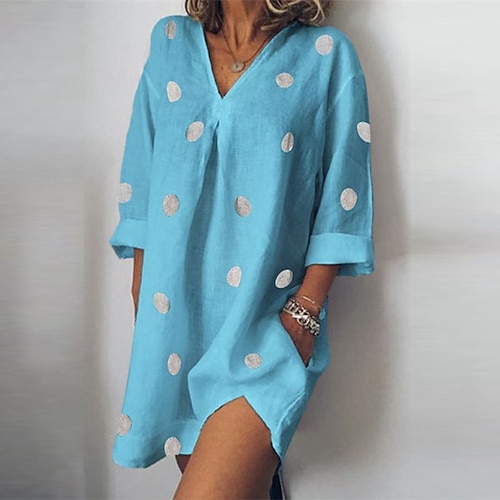 Damen Minikleid Baumwoll Mischung Shiftkleid Freizeitkleid Basic Lässig Komfort Täglich Heim Urlaub Lässiger Schnitt Tupfen Punkte Punkt Dreiviertelarm V Ausschnitt Weiß Rosa Khaki Leicht Blau Sommer Image