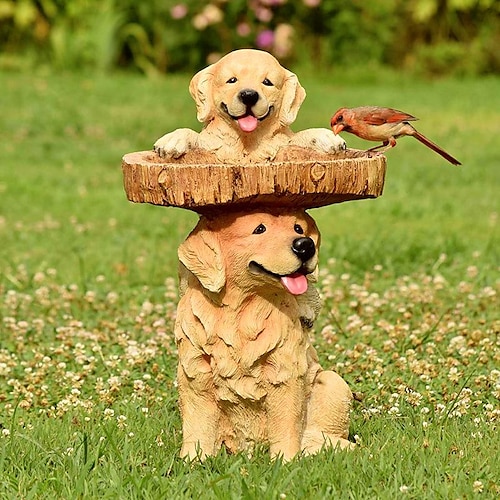 Vogeltränken für draußen, Polyresin-Vogeltränke in Tierform mit braunem Sockel, handgefertigte Wildvogel-Futterstation und Vogeltränkeschale, Gartenstatue und Figur für den Außenbereich, Garten, Rasendekoration