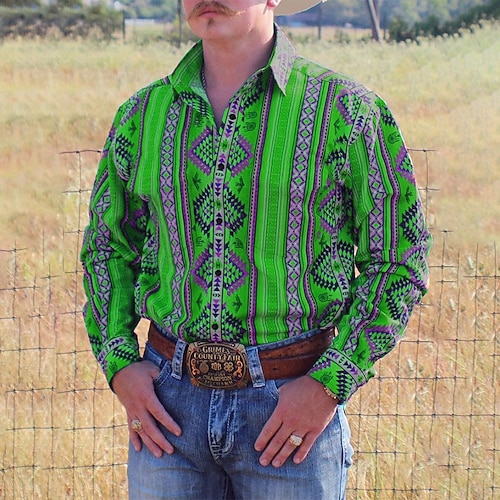 Herren Cowboy Westernhemd Knopfhemd Cowboy-Shirt Langarm Mode Designer Lässig Täglich Herbst Winter Umlegekragen Hemden mit Kragen 3D-Druck Fronttasche Blau Gelb Purpur Grün Grau Image