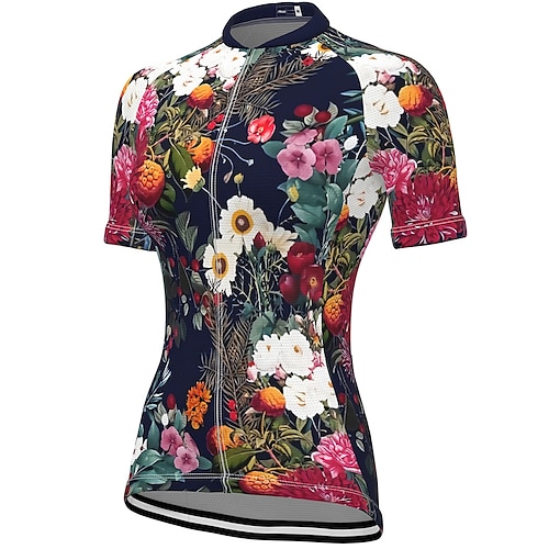 Damen Radtrikot Gemustert Blumenmuster Blume Kurzarm Fahhrad Trikot mit 3 Gesäßtaschen Mountainbike MTB Straßenradsport Schnelltrocknend Weich Reflektierende Streifen Rückentasche Sport Schwarz Gelb Image
