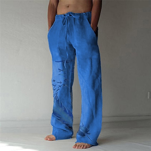 Herren Hose Sommerhose Strandhose Kordelzug Tasche Elastischer Bund Feder Leicht Außenbereich Volle Länge Lässig Täglich Lässig Hosen Weiß Marineblau Mikroelastisch Image