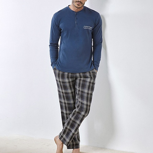Herren Hausanzug Schlafanzüge Schlafanzug Set Pyjama-Oberteil und Hose 2 Stück Plaid Stilvoll Brautkleider schlicht Komfort Heim Täglich Baumwollmischung Komfort Henley Langarm T Shirt Hose Kordelzug Image