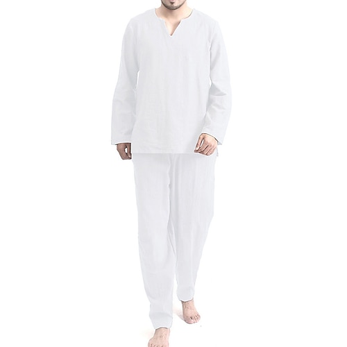 Herren Schlafanzug Schlafanzüge Pyjama-Oberteil und Hose 2 Stück Einfarbig Brautkleider schlicht Heim Täglich Baumwollmischung Atmungsaktiv Rundhalsausschnitt Langarm Hose Sommer Frühling Weiß Kaki Image