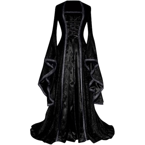 Retro Vintage Mittelalterlich Renaissance Lange Länge Abschlussballkleid Trompetenärmel Hexe Pirat Wikinger Dame Edelfrau Kostüm Damen Keltisch königlich Walpurgisnacht Halloween Karneval Maskerade