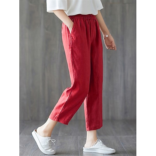 Damen Kunstbaumwollleinen Capri-Shorts Baggy-Hosen Haremshose Streetwear Lässig Komfort Capris Mittlere Taille Einfach Tasche Baggy Elastisches Kordelzugdesign Komfort Atmungsaktivität Weich Image