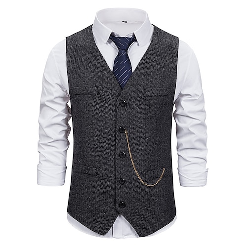 Herren Weste Hochzeit Täglich Sport 1920s Herbst Tasche Polyester warm Feste Farbe Einreihiger Verschluss V Ausschnitt Regular Fit Schwarz Kaffee Grau Weste Image