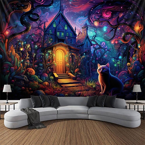 Schwarzlicht Wandteppich UV reaktiv im Dunkeln leuchtend Party Neon Magie Schloss Katze Natur psychedelisch trippig neblig hängender Wandteppich Wandbild für Wohnzimmer Schlafzimmer Image
