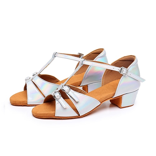 Damen Schuhe für den lateinamerikanischen Tanz Leistung Ausbildung Praxis Satin Grundlegend Sandalen Schnalle Starke Ferse T-Riemen Knöchelriemen Silber Dunkel Braun Schwarz Image