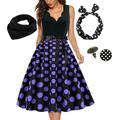 Damen-Rockabilly-Kleid in A-Linie, gepunktet, Swing-Kleid, ausgestelltes Kleid mit Zubehör-Set, 1950er-60er-Jahre, Retro-Vintage-Stil, mit Stirnband, Schal, Ohrringen, Katzenaugenbrille, 5 Stück für