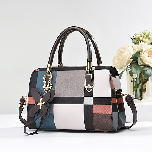 Karierte Damenhandtasche mit Kunstledergriffen und Schultergurt, strukturierte Tasche mit oberem Griff und Schmetterlingsanhänger für Büro, Einkaufen und den täglichen Gebrauch