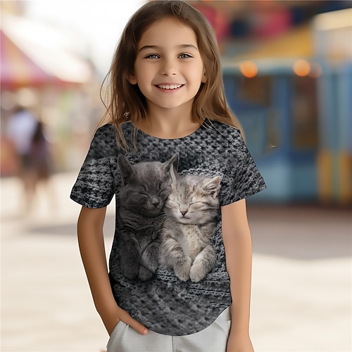 Mädchen 3D Katze T-Shirt Hemden Kurzarm 3D-Druck Sommer Aktiv Modisch Kuschelig Polyester kinderkleidung 3-12 Jahre Rundhalsausschnitt Outdoor Casual Täglich Regular Fit Image