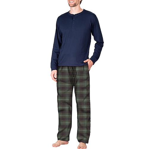 Herren Hausanzug Schlafanzüge Schlafanzug Set Pyjama-Oberteil und Hose 2 Stück Plaid Stilvoll Brautkleider schlicht Komfort Heim Täglich Baumwollmischung Komfort Henley Langarm T Shirt Hose Kordelzug Image