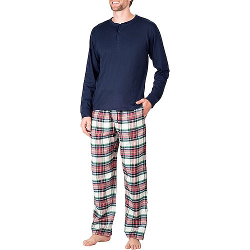Herren Hausanzug Schlafanzüge Schlafanzug Set Pyjama-Oberteil und Hose 2 Stück Plaid Stilvoll Brautkleider schlicht Komfort Heim Täglich Baumwollmischung Komfort Henley Langarm T Shirt Hose Kordelzug Image