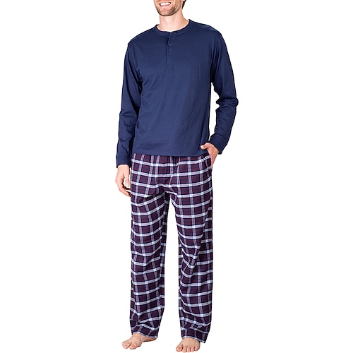 Herren Hausanzug Schlafanzüge Schlafanzug Set Pyjama-Oberteil und Hose 2 Stück Plaid Stilvoll Brautkleider schlicht Komfort Heim Täglich Baumwollmischung Komfort Henley Langarm T Shirt Hose Kordelzug Image