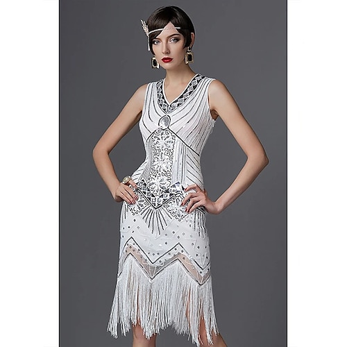 Goldene Zwanziger 1920er Knielang Kleid Flapper Kleid Halloween Kostüme Ärmellos Der große Gatsby Charleston Hochzeitsgast Pailletten Patchwork V Ausschnitt Kostüm Damen Abschlussball Image
