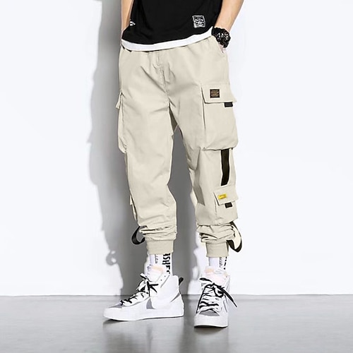 Herren Cargohose Cargohosen Cargohose Jogginghose Jogger Hose Hosen Haremshose Kordelzug Elastische Taille Bein Kordelzug Glatt In voller Länge Casual Täglich Strassenmode HipHop Schwarz Armeegrün Image