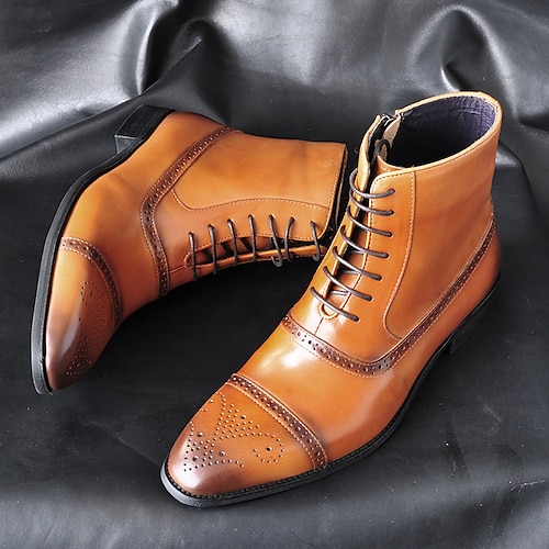 braune Brogue-Stiefeletten aus Kunstleder für Herren – Vintage-Schnürdesign mit Flügelkappen-Details und robuster Sohle für formelle und legere Anlässe Image