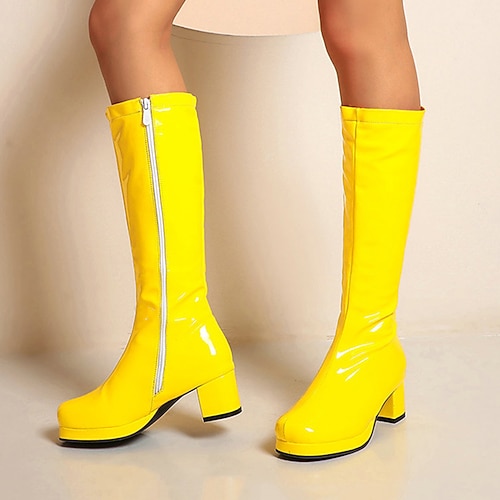 kniehohe Plateaustiefel aus weißem Lackleder mit seitlichem Reißverschluss - Vintage-Stiefel im 70er-Diskostil mit klobigem Absatz für Cosplay, Retromode und Events Image