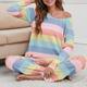 Damen Schlafanzug Nächtlich Pjs Sets 2 Stück Regenbogen Streifen Modisch Komfort Weich Heim Täglich Bett Baumwolle Atmungsaktiv V-Wire Ausschnitt Langarm T Shirt Hose Frühling Herbst Gelb Blau