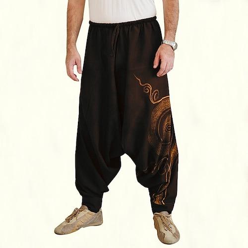 Herren Hose Hosen Sommerhosen Haremshose Freizeithose Kordelzug Elastische Taille Graphic Atmungsaktiv Weich Casual Täglich Festtage Strassenmode Ethnischer Stil Schwarz Blau Mikro-elastisch