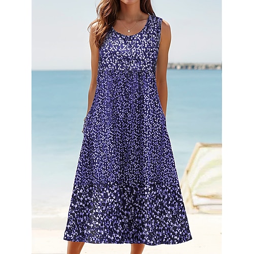 Damen Sommerkleid Tank-Top Kleid Kleid drucken Aktiv Modisch Hawaiianisch Urlaub Festtage Strand Lockere Passform Ärmellos Rundhalsausschnitt wasserblau Sahne Wein Rote Sommer Frühling Image