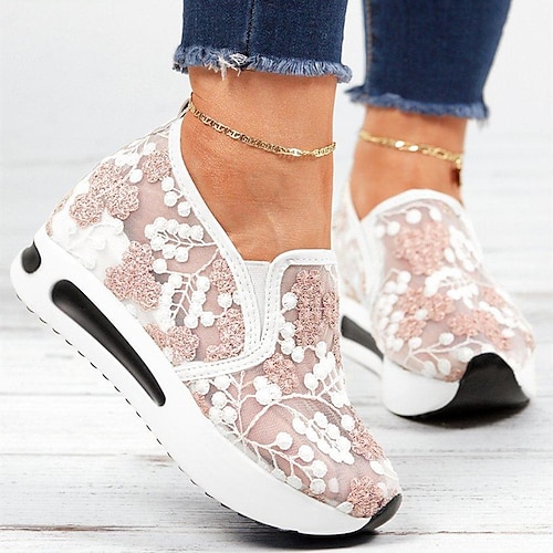 elegante Mesh-Sneaker für Damen mit Blumenstickereien – perfekt für Freizeitausflüge und Sommerveranstaltungen, stilvolles Spitzendetail, atmungsaktiv mit bequemem Keilabsatz Image