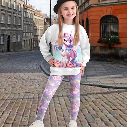 Mädchen 3D Karikatur Einhorn Set aus Sweatshirt und Leggings Set Langarm 3D-Druck Herbst Winter Aktiv Modisch Täglich kinderkleidung 3-12 Jahre Rundhalsausschnitt Outdoor Urlaub Verabredung Regular Image