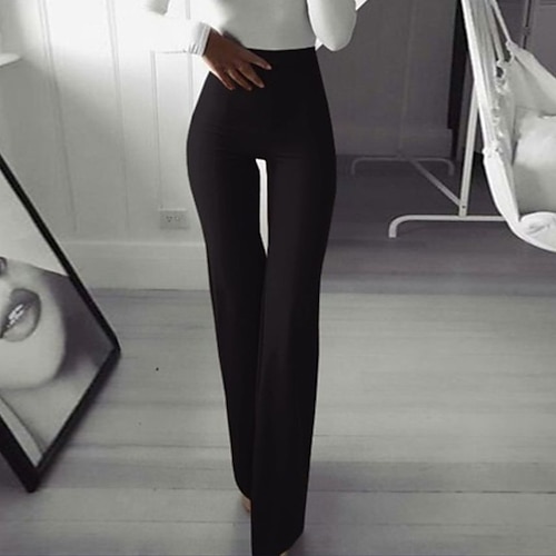 Lässige/sportliche Damen-Athleisure-Chinohose mit Schlaghose, weites Bein, lange Anzughose, Wochenend-Yoga, dehnbar, schlicht, bequem, mittlere Taille, schmal, Weiß, Schwarz, Blau, Wein, Kaffee, S, Image