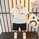 2 Stück Baby Jungen T-Shirt Shorts Outfit Buchstabe Bär Streifen Kurzarm Set Outdoor Modisch Cool Täglich Sommer Frühling 3-7 Jahre Kurzarmanzug Revers Buchstabe Weiß Kurzärmliger Anzug mit Revers