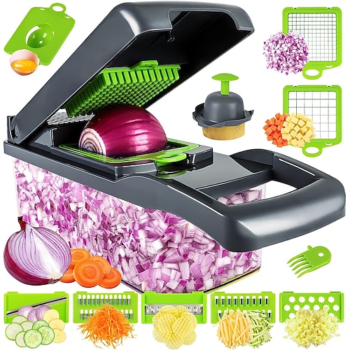 Gemüseschneider, 16-in-1, multifunktionaler Lebensmittelzerkleinerer, Küchen-Gemüseschneider, Würfelschneider, Gemüseschneider mit 8 Klingen, Karottenschneider mit Behälter Image
