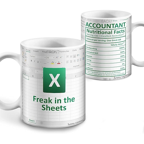 Excel-Kaffeetasse, lustige Geschenke für Frauen und Männer, Freak in the Sheets-Tasse, Geschenke für Chef, CPA, Freund, Kollegen, Buchhalter, weiße Keramik-Bürotasse, 300 ml Image