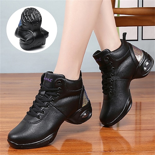 Damen Jazztanzschuhe Tanz-Turnschuh Line Dance Leistung Ausbildung Party Kunstleder-Müßiggänger Weicher Professionell Geteilte Sohle Starke Ferse Runde Zehe Schnürsenkel Junior Erwachsene Schwarzes Image
