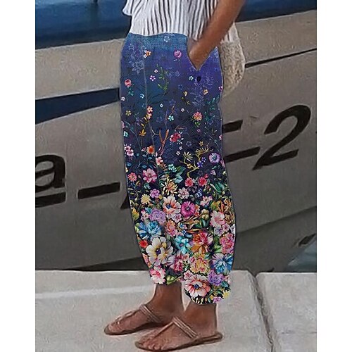Damen Kunstbaumwollleinen Hosen Hose Baggy-Hosen Mode Volle Länge Blumen Seitentaschen Baggy Druck Komfort Unelastisch Alltagstauglich Blau Kaki Normale Passform Image