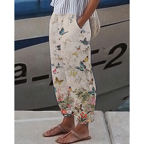 Damen Kunstbaumwollleinen Hosen Hose Baggy-Hosen Mode Volle Länge Blumen Seitentaschen Baggy Druck Komfort Unelastisch Alltagstauglich Blau Kaki Normale Passform Image