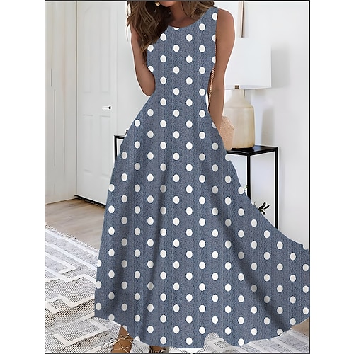 Damen Bedruckt Vintage-Kleid kleid lang Elegant Punkt Rundhalsausschnitt Ärmellos Täglich Verabredung Sommer Frühling Blau Dunkelgrün Image