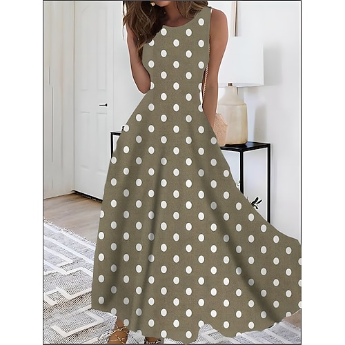 Damen Bedruckt Vintage-Kleid kleid lang Elegant Punkt Rundhalsausschnitt Ärmellos Täglich Verabredung Sommer Frühling Blau Dunkelgrün Image