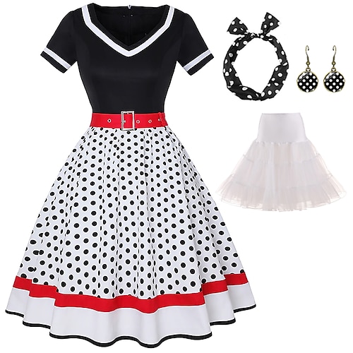 Retro Vintage 1950er Jahre Grease Outfits Rockabilly Petticoat Hoops Rock A-Linien Kleid Tutu Polka Dot Schickes Kleid Damen Party Abend Maskerade Erwachsenen Kleid Ohrringe Kopfschmuck Frühling Image