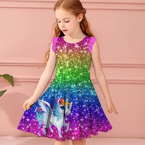 Mädchen' 3D Regenbogen Einhorn Rüschenkleid Ärmellos 3D-Druck Sommer Täglich Festtage Brautkleider schlicht Schön kinderkleidung 3-12 Jahre Casual kleid Tank-Top Kleid Übers Knie Regular Fit Image