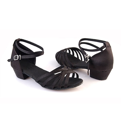 Gesellschaftstanzschuhe für Mädchen - hellbraune Riemchensandalen aus Satin für lateinamerikanische Tänze mit niedrigem Absatz und Fesselriemen Image