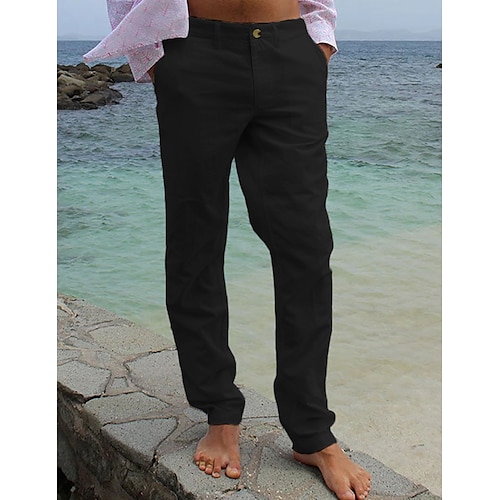 Herren Leinenhosen Hose Anzughose Sommerhose Tasche Einfach Komfort Weich Outdoor Täglich Ausgehen Mode Streetwear Schwarz Weiß Image