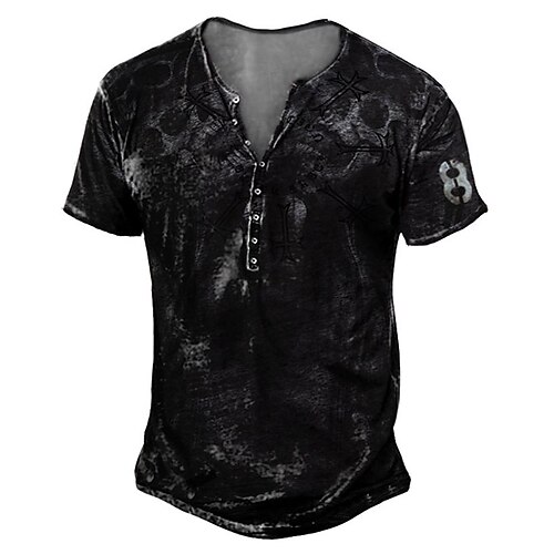 Herren T Shirt Henley Shirt Graphic Totenkopf Motiv Adler Henley Schwarz / Weiß Schwarzgrau Schwarz Blau Braun Strasse Casual Kurzarm Button-Down Bedruckt Bekleidung Stilvoll Vintage Basic Klassisch Image