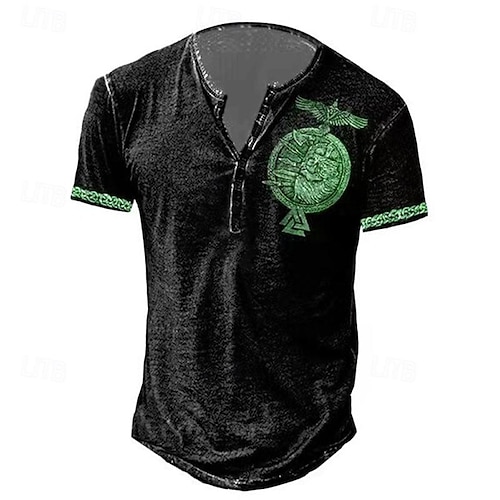 Herren T Shirt Henley Shirt Graphic Totenkopf Motiv Adler Henley Schwarz / Weiß Schwarzgrau Schwarz Blau Braun Strasse Casual Kurzarm Button-Down Bedruckt Bekleidung Stilvoll Vintage Basic Klassisch Image