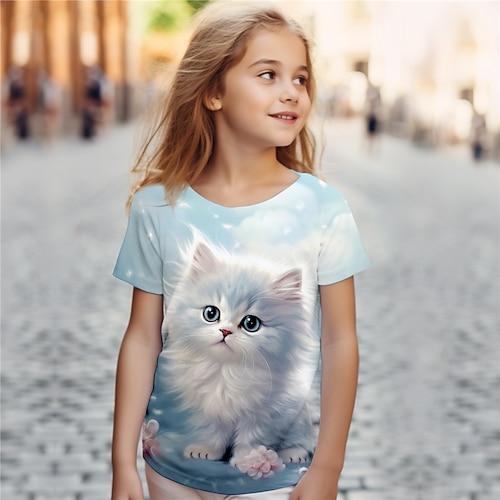 Mädchen 3D Katze T-Shirt Hemden Rosa Kurzarm 3D-Druck Sommer Aktiv Modisch Kuschelig Polyester kinderkleidung 3-12 Jahre Rundhalsausschnitt Outdoor Casual Täglich Regular Fit Image