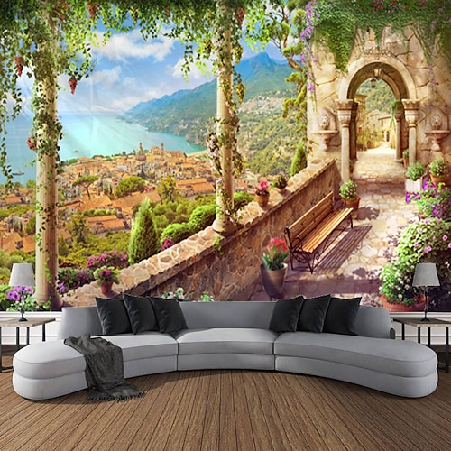 Wandteppich Schloss Garten Landschaft Tapisserie Kunst Dekoration Vorhang hängend Familie Schlafzimmer Wohnzimmer Dekoration Wandtuch XXL Natur Image