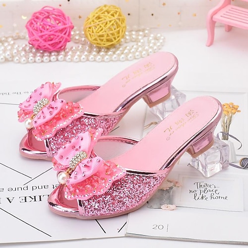 Glitzernde rosa Prinzessinnen-Pumps mit offener Spitze für Mädchen mit Schleifen- und Perlendetails – perfekt für Partys und zum Ausgehen Image