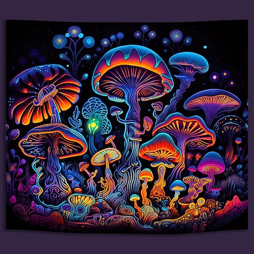 Schwarzlicht Wandteppich UV reaktiv im Dunkeln leuchtende Party Neon Pilze psychedelisch trippig neblig hängender Wandteppich Wandbild für Wohnzimmer Schlafzimmer Image